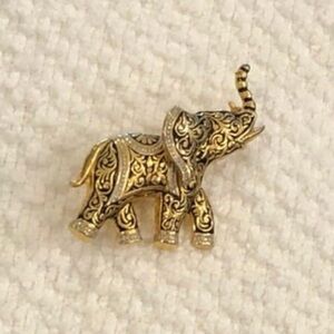 Fantastic Vintage Damascene Brooch Trunk Up Elephant (For Good Luck)
